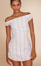 Pastel Blue Stripe Ditsy Print Bardot A-Line Dress PrettyLittleThing USA at Pretty Little Thing